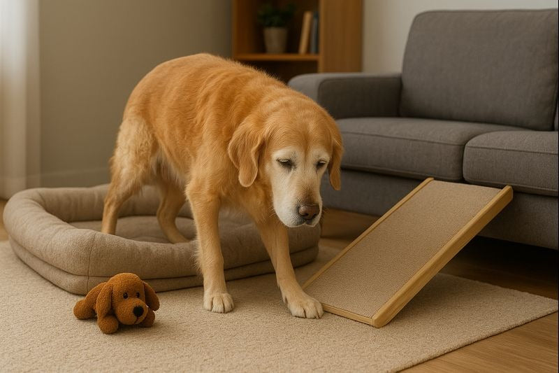 senior golden retriever using a pet ramp indoors