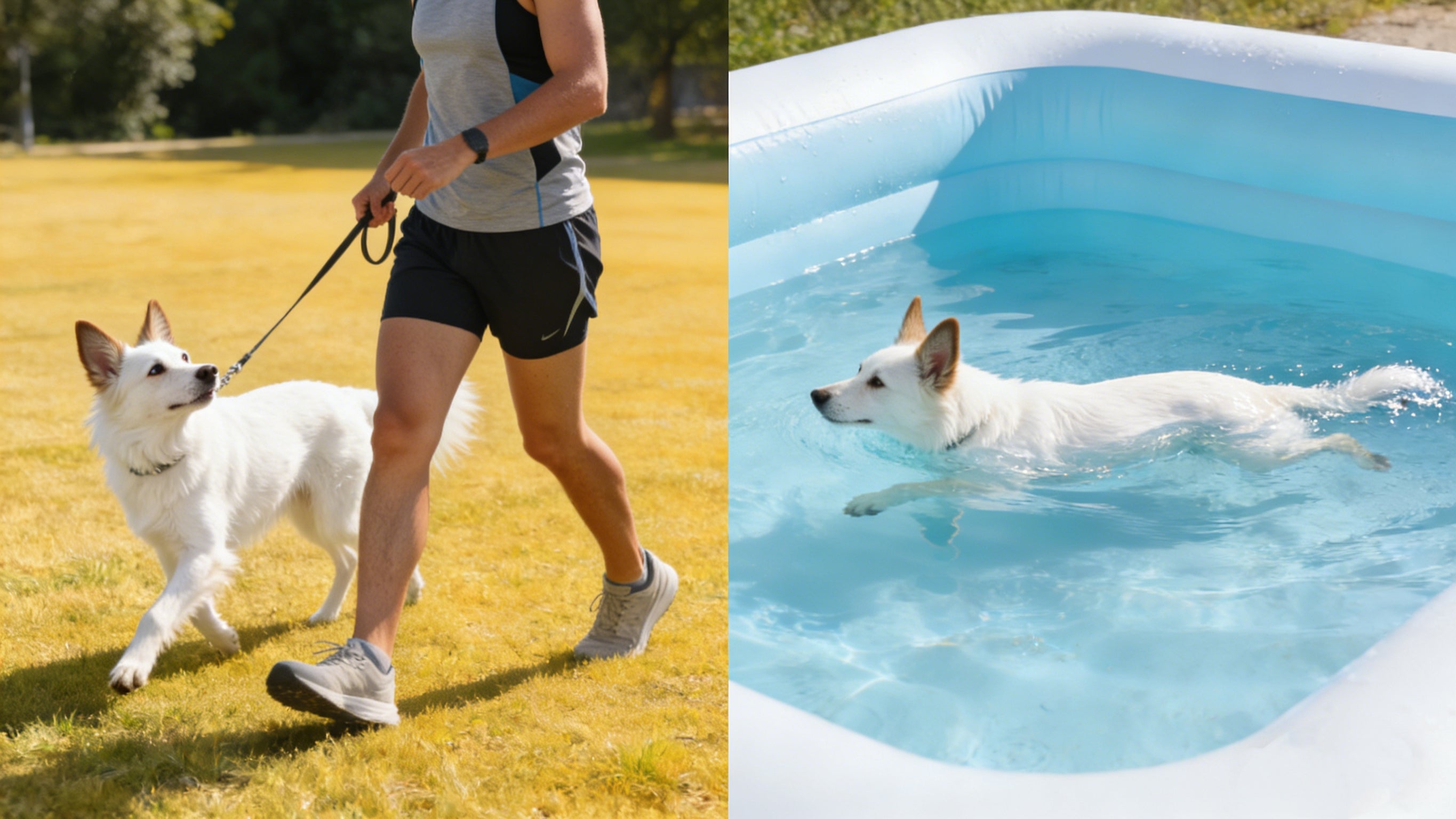 dog walking on leash and swimming in a backyard pool
