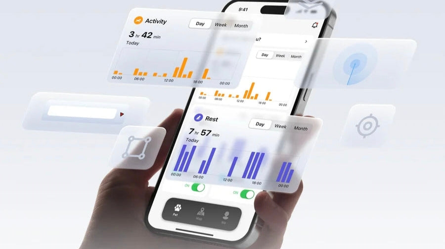 pet activity and rest tracking app displayed on smartphone