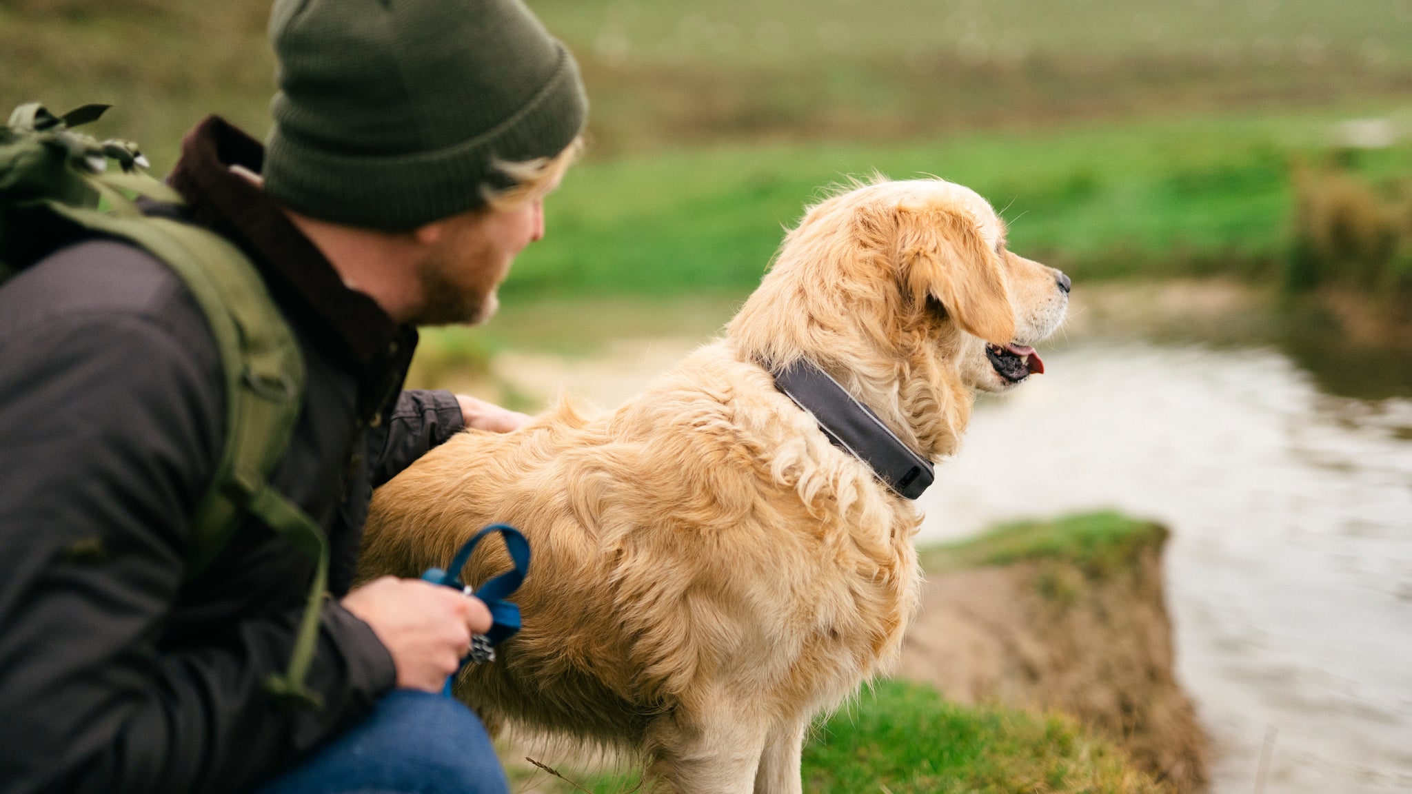 Golden retriever wearing a GPS dog tracking collar by a river with its owner