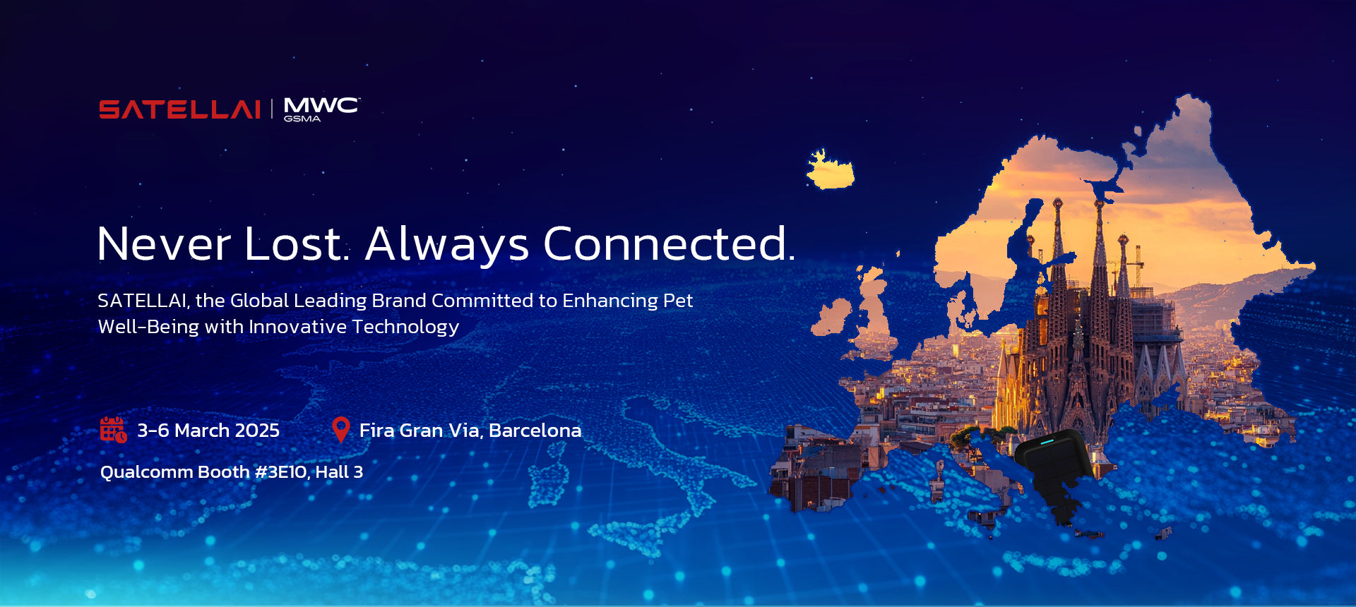 PETVORA MWC Barcelona 2025 banner with Never Lost Always Connected pet tech message and event details