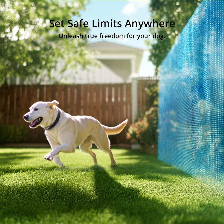 dog running freely with virtual fence boundary