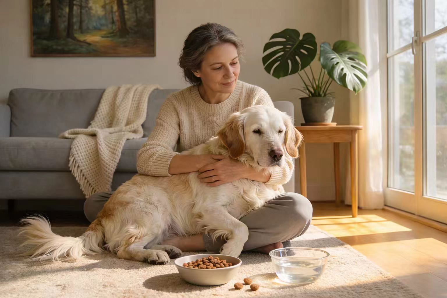 pet owner sitting with dog during mealtime at home