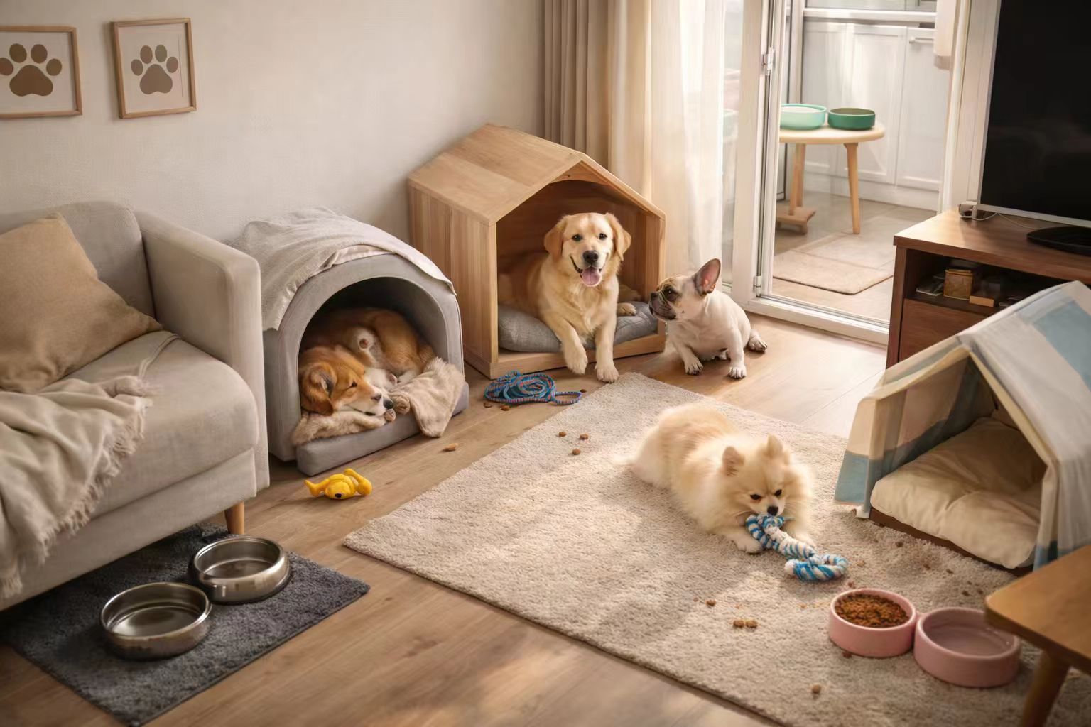 dogs resting and playing in a cozy indoor living space