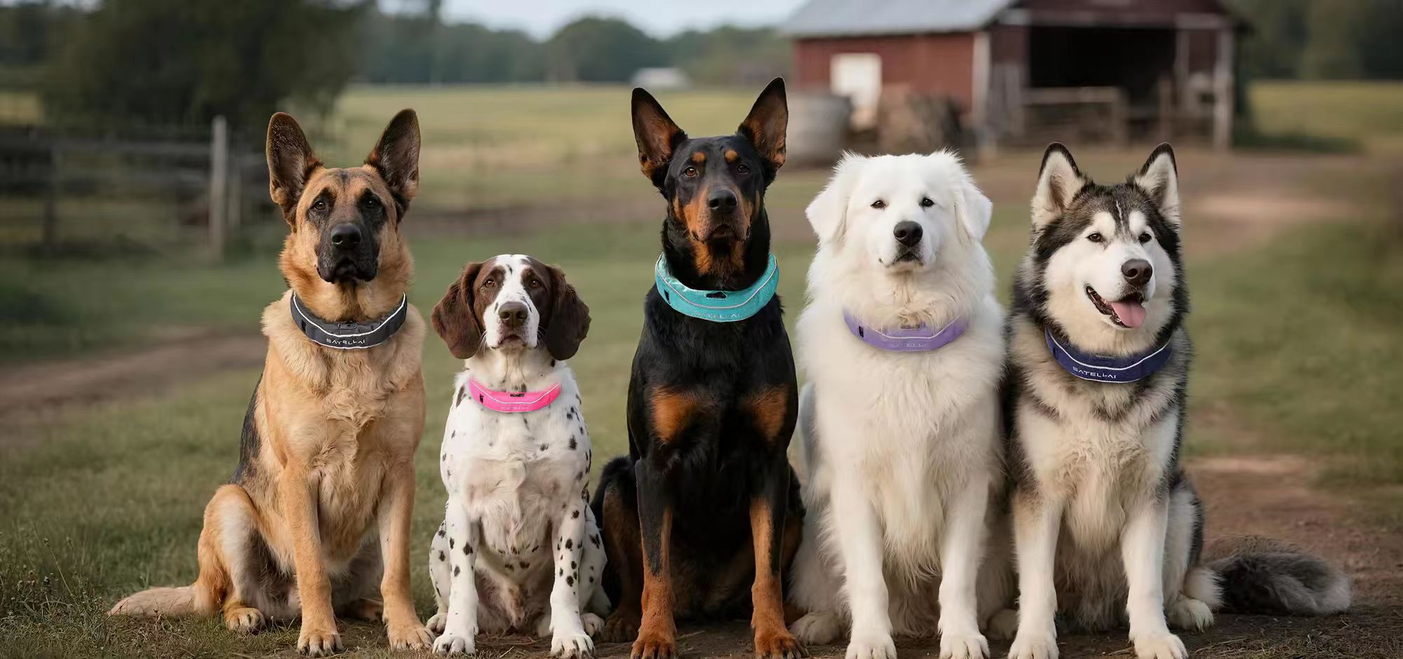 different dog breeds sitting together outdoors