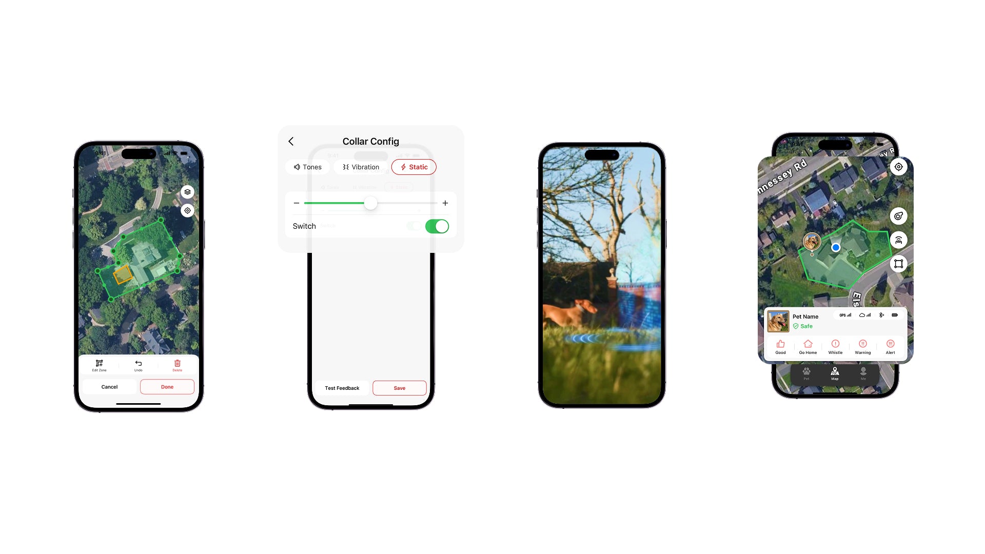 Pet GPS tracker app screens showing geofence and collar settings