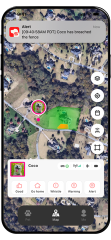 Dog GPS app alert for geofence breach