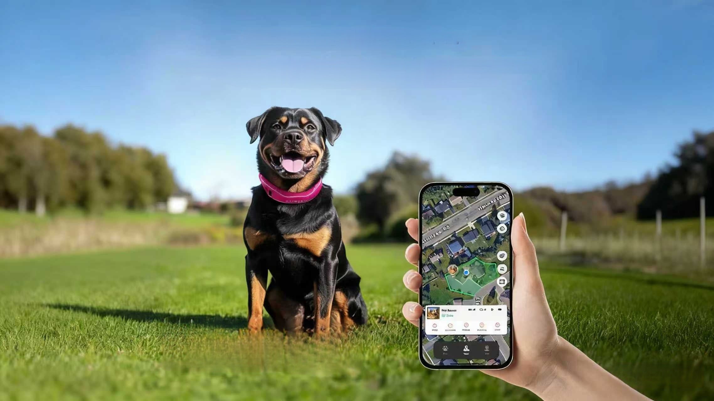 A Rottweiler wearing a pink collar sits on a lawn next to a hand holding a smartphone, which displays a pet's location on a map via a tracking app.