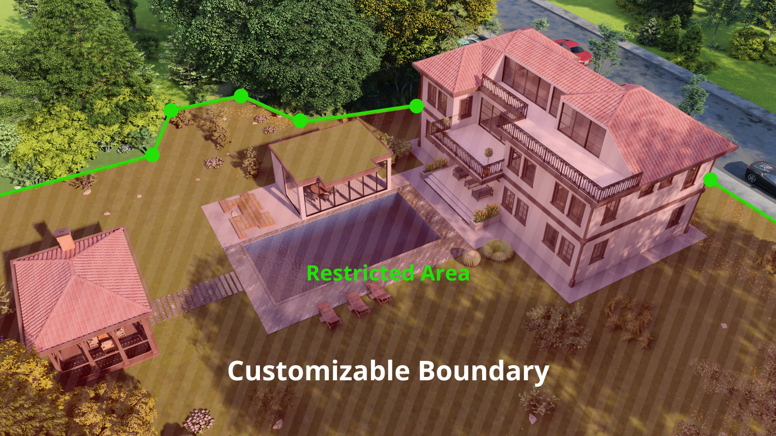 Customizable virtual fence boundary showing a restricted area around a house and pool